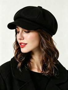 Women's Vintage Newsboy Cap, Solid Color Baker Boy Hat, Adjustable, Warm, Autumn/Winter Commuter Style - Black - View 3