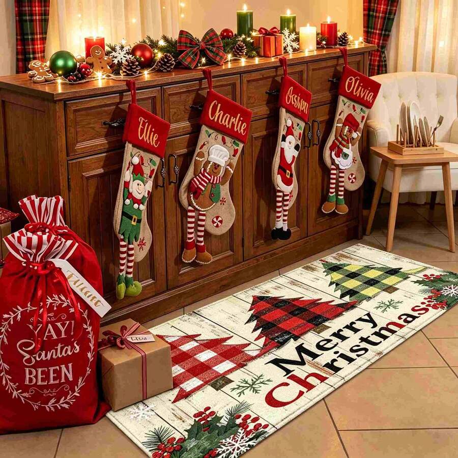 1pc Christmas Series Distressed Wooden Board Plaid Christmas Tree Pattern Printed Faux Cashmere Surface TPR Bottom Door Mat, Bathroom Mat, Kitchen Mat, Laundry Room Mat, Holiday Atmosphere Decor, Home Decor, Party Decor, Wedding Decor, Dining & Kitchen Decor - Multicolor - View 1