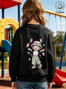 Girls' Cute Printed Drop-Shoulder Round-Neck Long-Sleeve Casual Sports Sweatshirt - Black - View 9