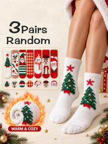 1/3/5 Pairs, Random Festive Designs,Women's Christmas Fuzzy Crew Socks, Cozy Plush Winter Lounge Socks, Holiday Stocking Stuffers - Multicolor - View 6