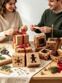 9pcs/Set Vintage-Style Christmas Gift Boxes Featuring A Clear Window And Kraft Paper Construction; Available In Designs Including Bells, Christmas Trees, And Reindeer-Perfect For Christmas Gifts, Birthdays, And Party Favors. - Multicolor - View 4