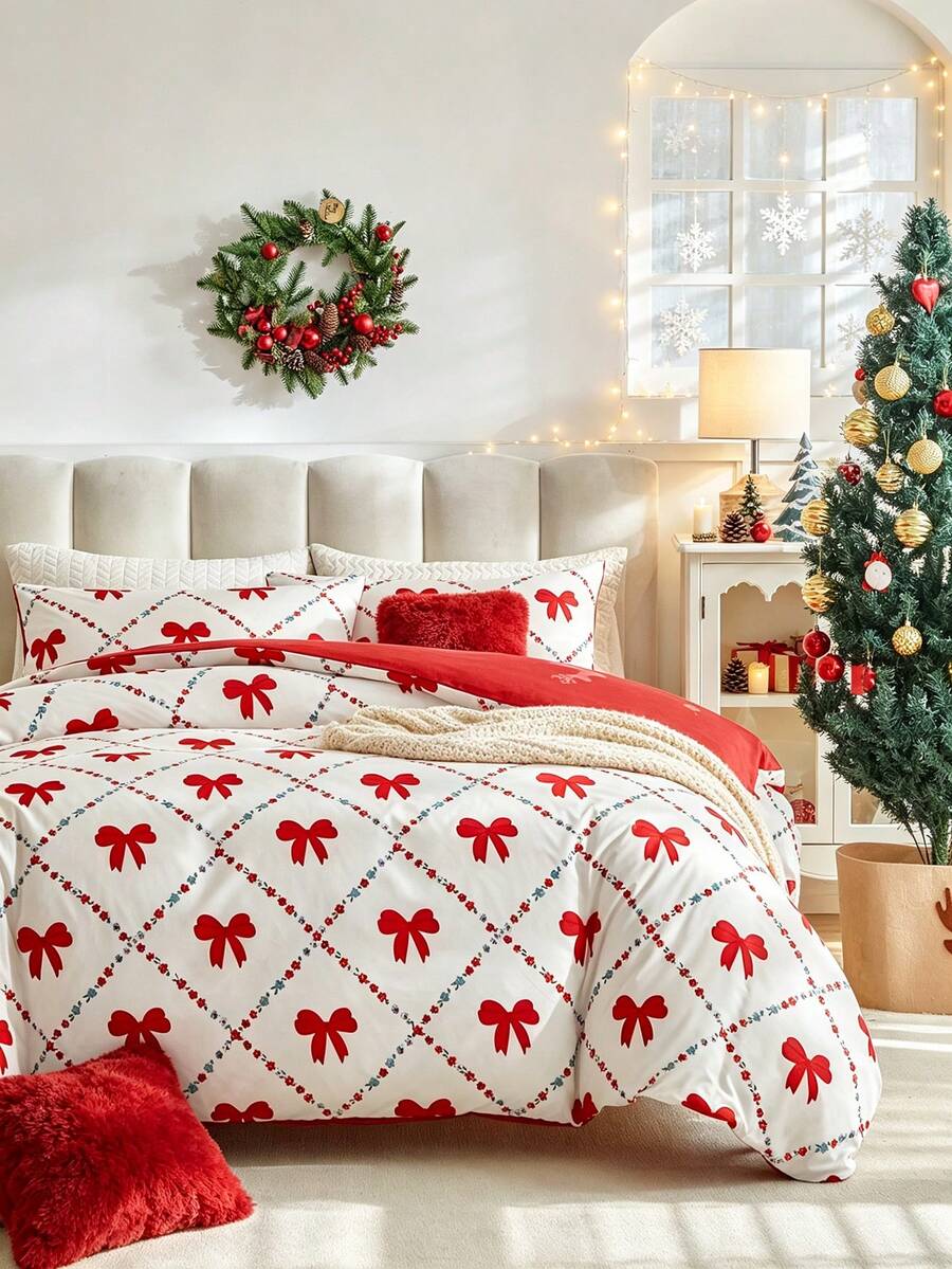 2/3 pièces Ensemble de housse de couette à imprimé nœud rouge et blanc, ensemble de literie décorative minimaliste mignon ambiance Noël en polyester, housse de couette décoration chambre à coucher maison Noël, doux et respirant, lavable en machine, excellent cadeau, Queen, King (1 housse de couette + 1/2 taies d'oreiller, sans rembourrage) - Rouge et Blanc - Voir 1