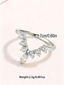 SYMFNY 1pc Elegant Crown V Shape 925 Sterling Silver Multi Clear Cubic Zirconia Open Ring For Ladies Bridal Party Birthday Jewelry Gift - Silver - View 4