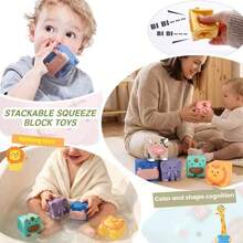 Baby Building Blocks, 6pcs Soft Squeezable Stacking Blocks Toy, Suitable For Babies 6 Months+, Animal Shapes, Textured Educational Chewing Teething Puzzle Blocks Set - Multicolor - View 3