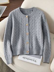 Women's Casual Cable Knit Cropped Cardigan, Long Sleeve Button Down Knit Sweater, Solid Color Soft Knitwear For Daily Streetwear, Autumn New Arrival - Grey - View 3