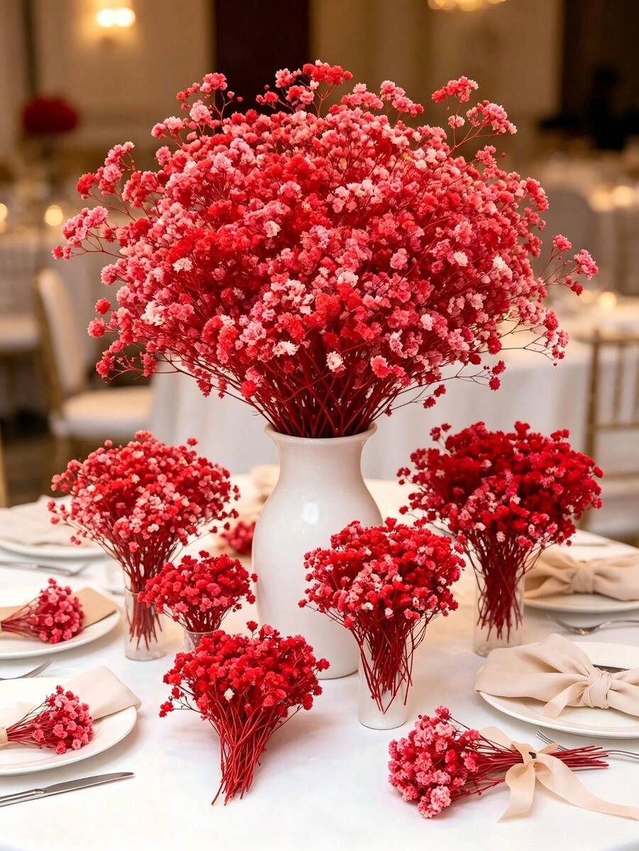 50/100pcs, Artificial White Mini Simulation Baby's Breath Gypsophila Ivory Flowers For Vase Wedding Home Office Party Garden Card Making Decor, DIY Decoration - Red - View 1
