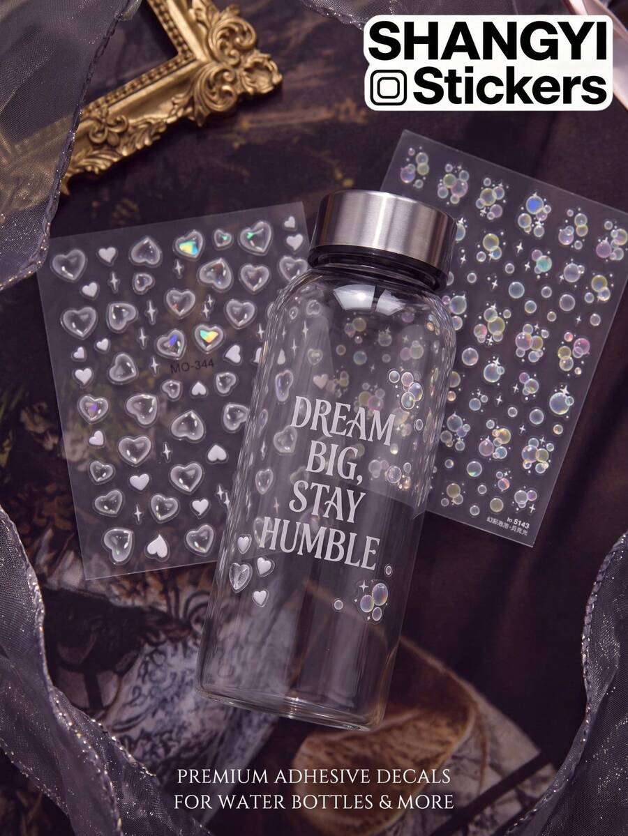 2 Styles Iridescent Heart Bubble Decorative Stickers, Luxury Laser Texture, Suitable For Water Bottles, Portable Containers, Refreshing The Appearance Of Objects And Adding Atmosphere - Decorative Stickers - View 1