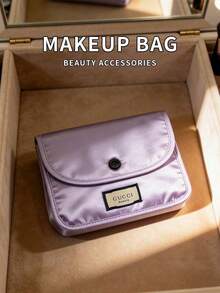 2‑Colors Optional Satin Flap Makeup Bag Portable Travel Cosmetic Storage Pouch Large‑Capacity Gift For Women Gucci Beauty Satin Makeup Bag Light Pink & Lavender Two‑Colors Optional - Purple - View 2