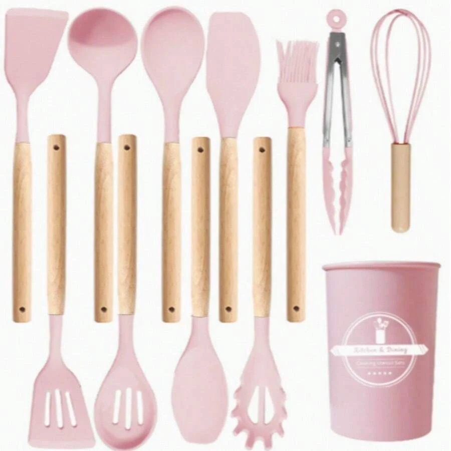 14-Piece Silicone Kitchen Utensil Set With Wooden Handles, Heat-Resistant And Non-Stick Cooking And Baking Tools, Including Spatulas, Spoons, Tongs, Whisks, Draining Spoons, Scrapers, Kitchen Prep Containers, And Household Storage Containers. - Pink - View 1