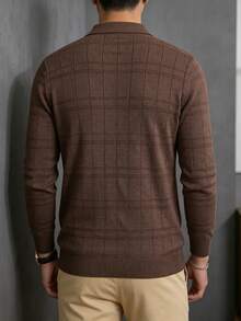 Men's Autumn/Winter Fashion Versatile Solid Color Casual Plaid Collar Long Sleeve Sweater Suitable For Daily Commute - Brown - View 6