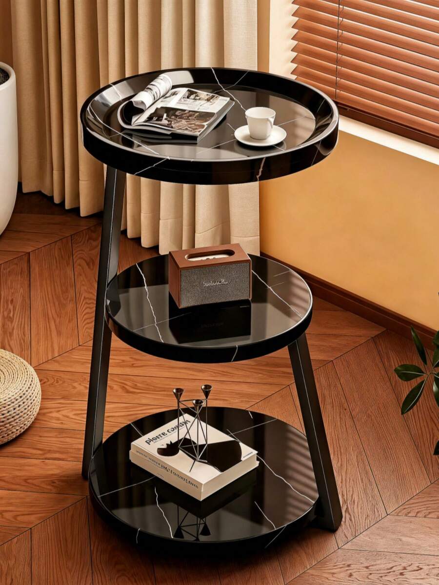 Living Room Sofa Side Table, Small Coffee Table, Storage Rack, Wooden Tabletop With Sturdy Metal Frame, Space Saving Nightstand, 3-Tier Display Accent Table For Home Decor Beside Sofa In Living Room & Bedroom