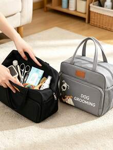 "DOG GROOMING" Printed Pet Grooming Tool Storage Bag With Dog Pattern, Large Capacity Handheld Pet Supplies Bag. Side Mesh Pockets Can Hold Combs, Scissors, Deshedding Tools And Other Pet Grooming Supplies. Portable And Convenient, Suitable For Home Storage Of Pet Grooming Supplies, Carrying During Pet Walks And Grooming, Cat And Dog Grooming Supplies Organizer Storage Bag. - Multicolor - View 9