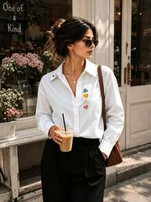 Women's Spring/Summer Heart Embroidery Front Button White Shirt - White - View 1