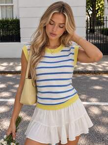 YuwenierPOP Preppy Nautical White Blue Stripe Knit Top Yellow Contrast Trim Crew Neck Cap Sleeve Drop Shoulder Sweaters Vacation Fall Campus Wear - Blue and White - View 2
