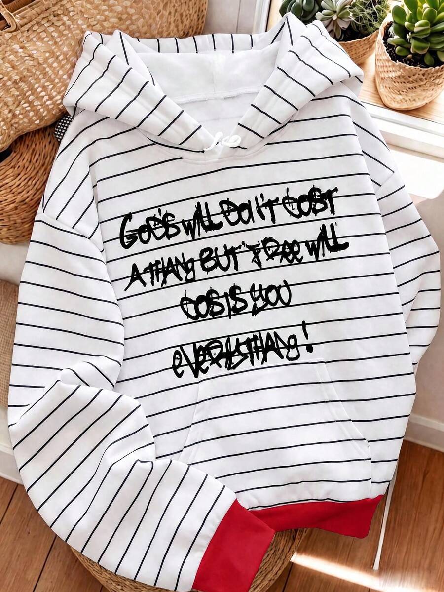 Women's Striped Sweatshirt, Contrast Color Hood Brim & Hem, Letter Print, Loose Fit Kangaroo Pocket Sweatshirt - White - View 1