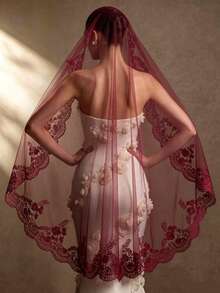 A Burgundy Lace Wedding Veil With A Comb, Vintage And Elegant, Face-Covering, Wedding Accessory, Suitable For Middle Eastern Weddings And Halloween - Multicolor - View 8