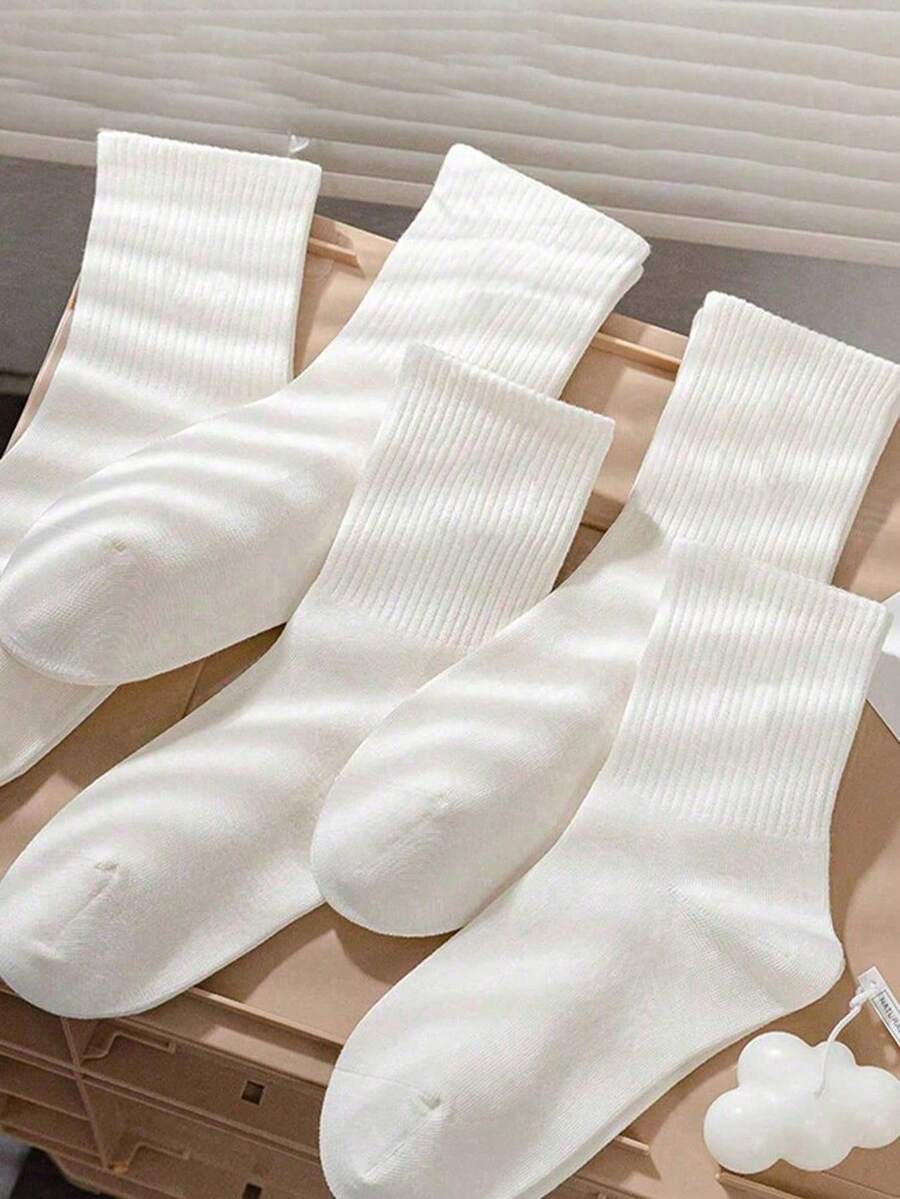 5/10/20pairs Solid Color Pattern Unisex Couple Sports Socks Mid-Calf Socks Spring/Summer Holiday Gift Valentine's Day Women's Socks Gift For Boyfriend - White - View 1
