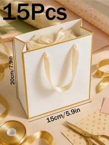 10/15Pcs Gift For Her/Him Medium Size Gift Bags With Ribbon Handles Gift Bags With Golden Thin Frame, White Thick Paper Gift Bag, White Gift Bag With Ribbon Handles White Gift Bag With - View 10
