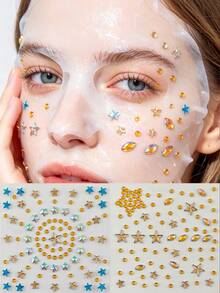 2pcs Star Face Rhinestone Sticker Set, Self-Adhesive Facial & Body Water Diamonds, Rainbow Blue Mixed Color Stars + Pure Gold Star Eye Makeup Glitter, Suitable For Electronic Music Festival, Halloween Party Cosplay - Multicolor - View 10