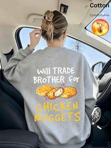 Custom Loose Fit Grey Fleece-Lined Pullover Sweatshirt For Women, Fried Chicken Graphic And Letter Print, Casual Fun Style - Flower Gray - View 10