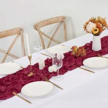 長方形桌巾 180*90CM、300*90CM、400*90CM，起司布桌巾，波希米亞風紗起司布桌巾，鄉村風透明桌巾，適用於婚禮、節日派對、畢業派對、生日或節日派對，蛋糕桌裝飾，浪漫宴會桌裝飾，皺褶桌巾，室內外皆適用，彩色桌巾 - 酒紅色 - 查看 4