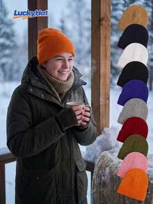 Solid Color Cuffed Knit Beanie Hat, Minimalist Y2K Winter Warm Skull Cap, Outdoor Casual Unisex Ski Hat - Knitted Hat - View 2