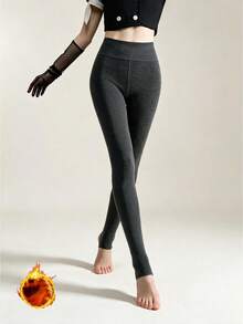 1Pc Women's Heather Gray Vertical Rib Thermal Tights, Fleece Lined Stirrup Warm Pantyhose, Winter Base Layer Socks For Skirt Matching - Multicolor - View 7