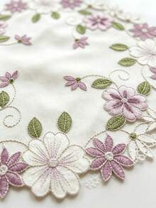 1pc Round Floral Embroidered Placemat, Blue/Pink Hollow Flower Embroidery Table Mat, Suitable For Wedding, Party, Dining Table And Home Decor - Pink - View 6