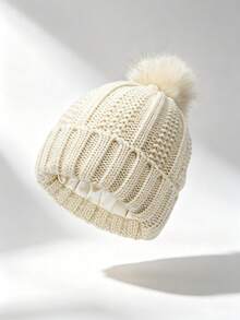 1pc Satin Lined Pom Pom Knit Beanie Hat, Thickened Warm Woolen Cap For Autumn/Winter, Anti-Frizz Versatile Cold Weather Hat - Pom-pom Style - View 10