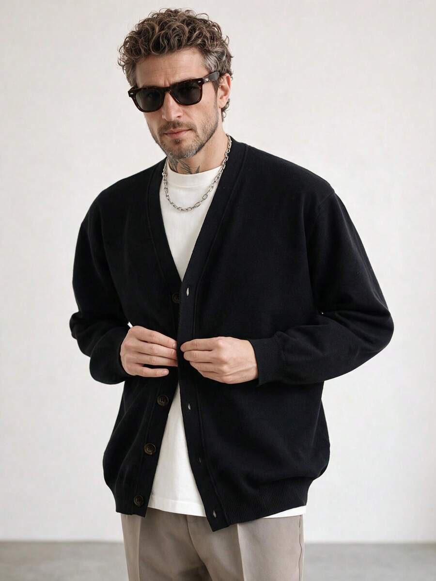 Men's Knitted Cardigan Sweater, New Solid Color V-Neck Lightweight Layering Outerwear