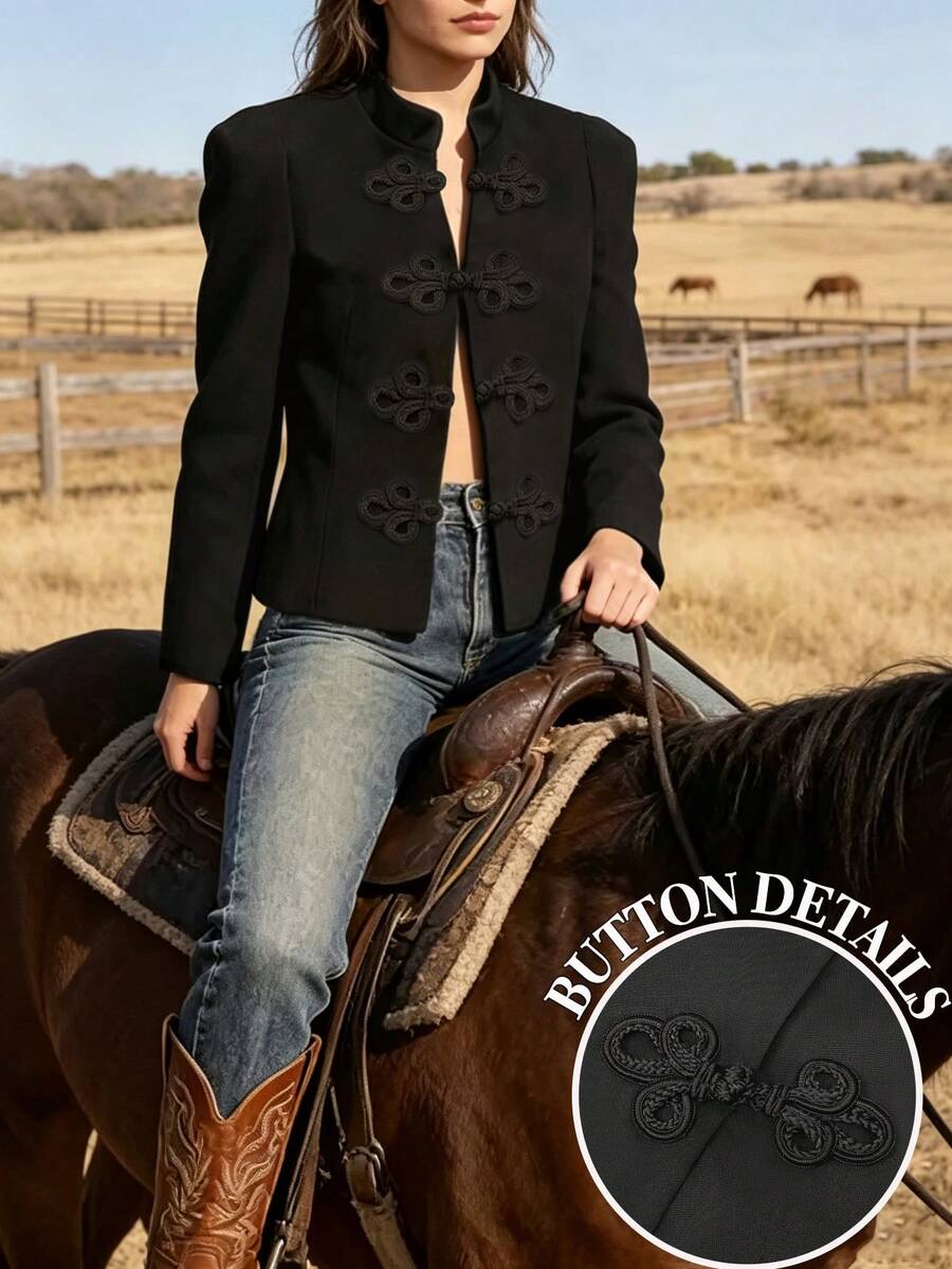 Elegant And Stylish Black Versatile Round-Neck Long-Sleeve Cardigan With Retro-Inspired Button Closure For Women-Perfect For Fall Outfits