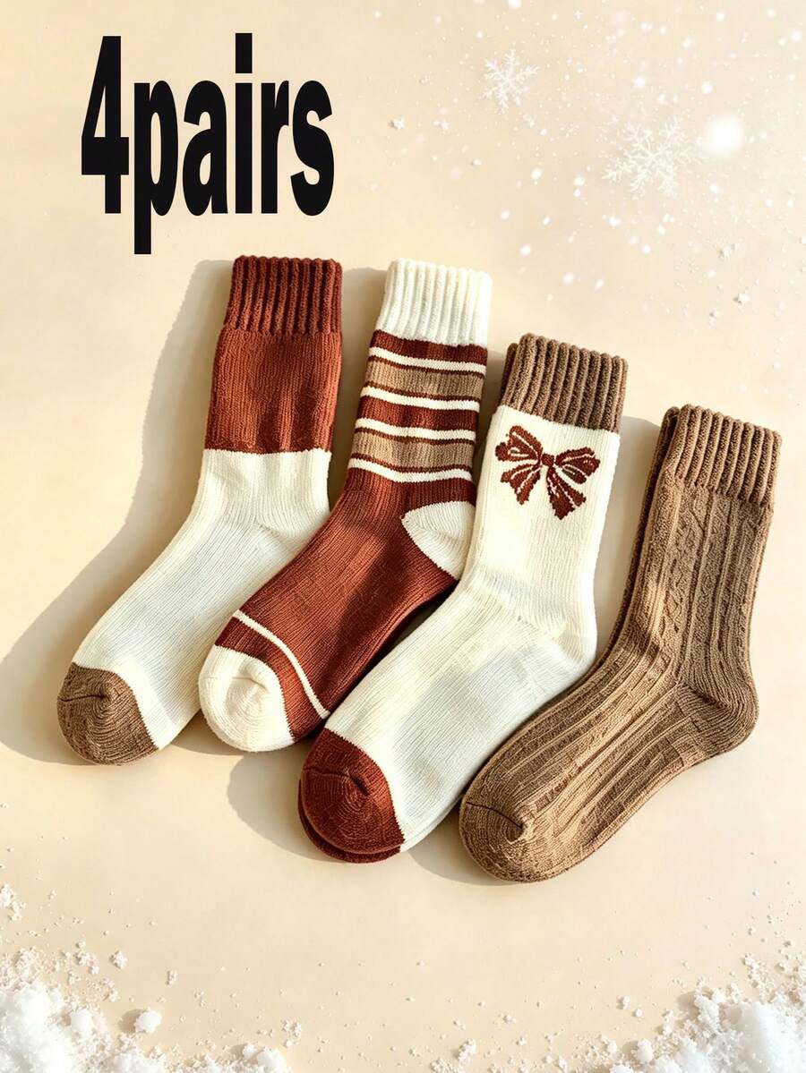 4 Pairs Autumn/Winter Sweet Thick Warm Terry Mid-Calf Socks For Outdoor Wear - Multicolor - View 1