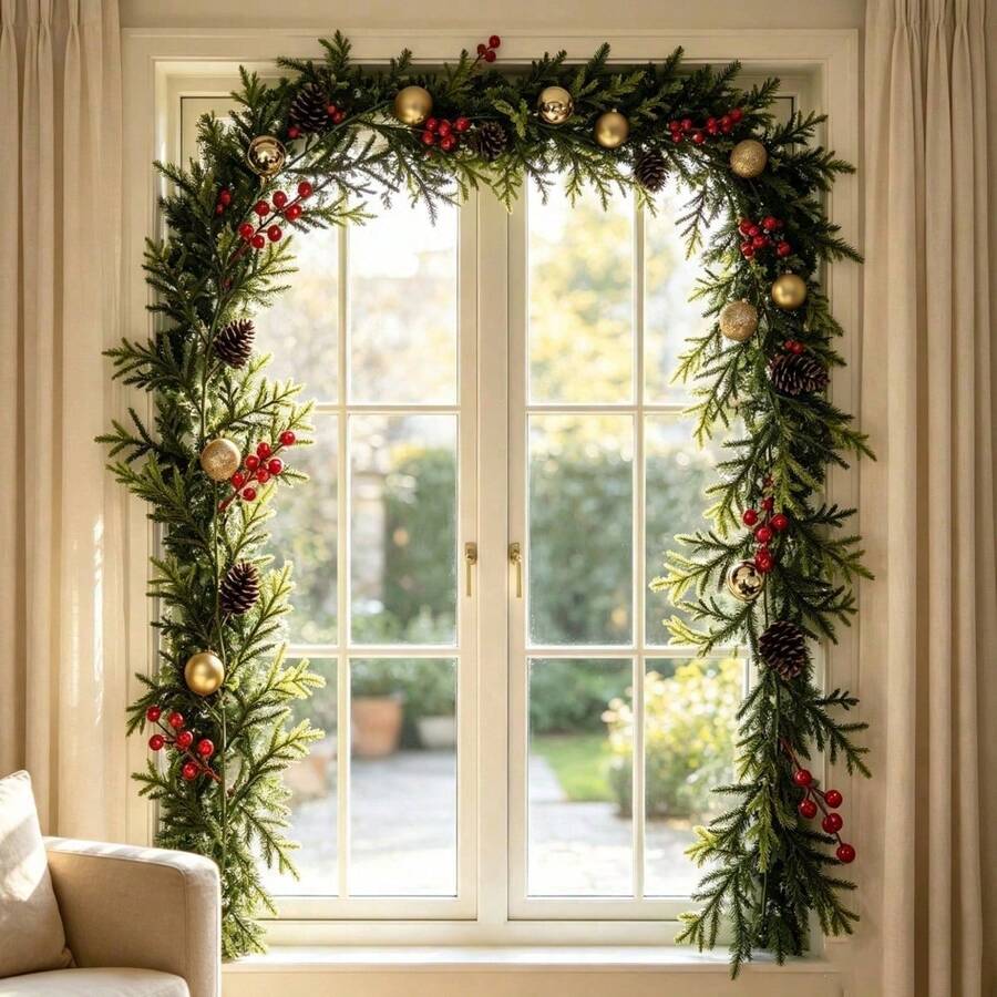 Christmas Pine Needle Garland With Red Berry And Ball Hanging Vines - Gold - View 1