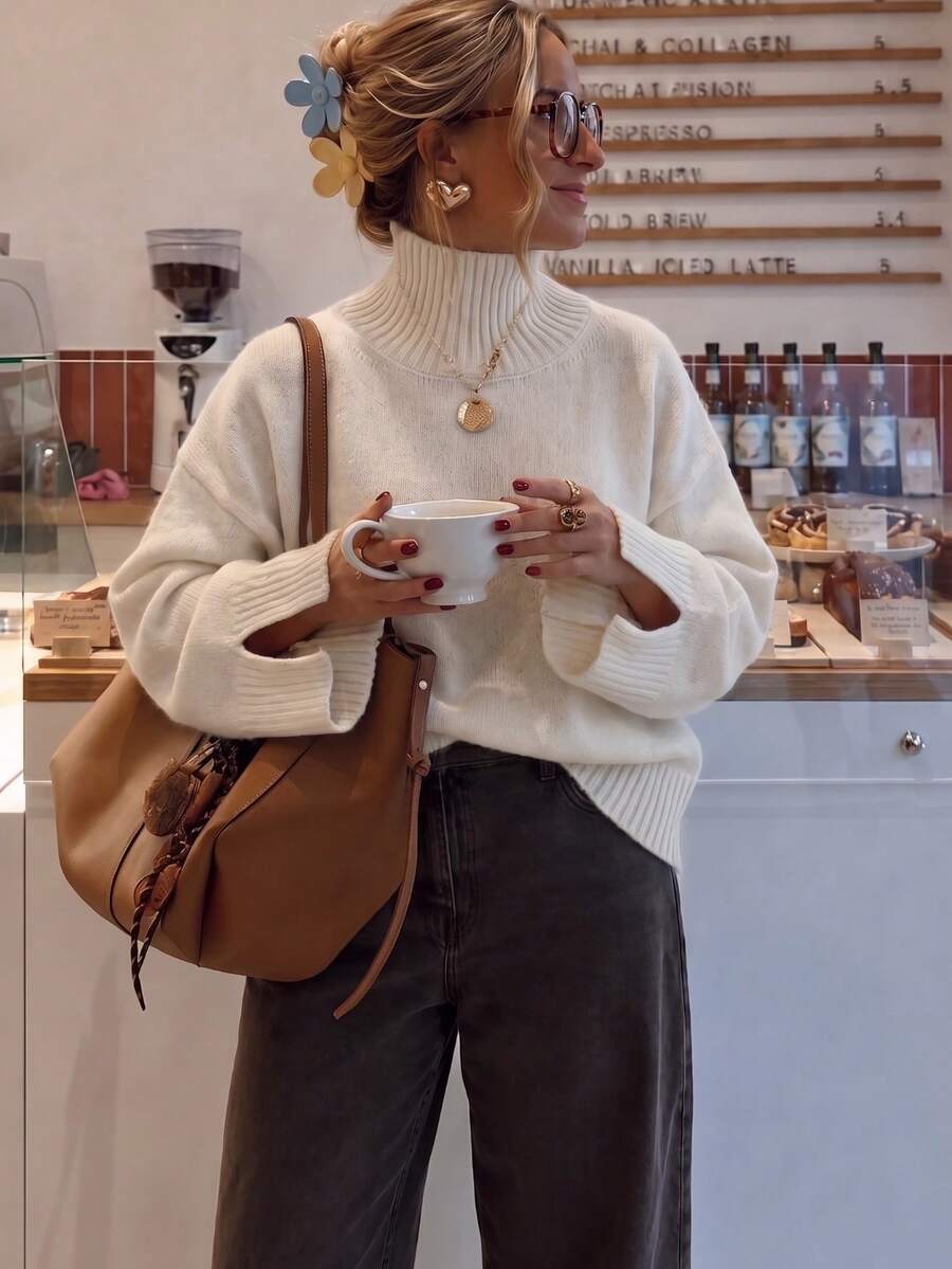 Sweater Rajut Wanita Leher Tinggi Bahu Turun, Atasan Pullover Kasual Dasar Warna Polos Potongan Longgar, Cocok untuk Acara Akhir Pekan dan Kegiatan Sehari-hari - Putih - View 1