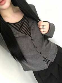 Korean Style Fashion 2-In-1 Striped Round Neck Slim Fit Top, Autumn Casual Versatile Long Sleeve Layering T-Shirt - Grey - View 4
