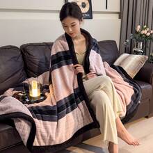 1pc Colorblock Striped Plaid Woven Edge Taffeta Fleece Warm Thick Blanket, Soft Skin-Friendly Multi-Size Multi-Purpose Throw, Suitable For Office, Living Room Sofa, Bedroom Bed Use, Pillowcase Not Included - Pink - View 5
