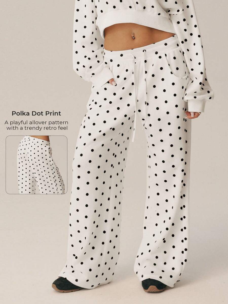 Women's Polka Dot Wide Leg Sweatpants, Elastic Drawstring Waist, Side Pockets, Casual Jogging Pants Bottoms - Beige - View 1