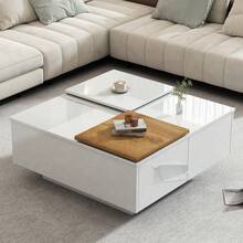 Modern High Gloss White Wood Color Square Coffee Table With Storage Shelf 75*75*33.5cm, Small Sliding Table Top,.30kg Load-Bearing - 1 - View 1