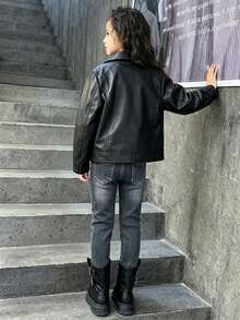 Tween Girl Fashion Casual Spring/Autumn/Winter PU Leather Zipper Front Motorcycle Jacket - Black - View 6