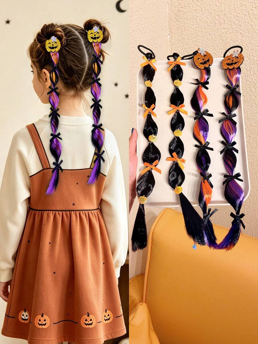 2pcs Girls Glitter Pumpkin Bow Hair Extensions Hair Ties Creative Funny Halloween Cosplay Stage Costume Headwear - Multicolor - View 1