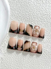10pcs/Set Autumn Vintage Minimalist Handmade Press-On Nails, Polygel Nail Art Set, Floral Brown Nail Polish, Chinese Carved Style, 3 Sizes Available, Almond/Duck/Coffin Shape, Suitable For Party, Dancing, Daily Wear (Handmade Details May Vary) - Multicolor - View 20