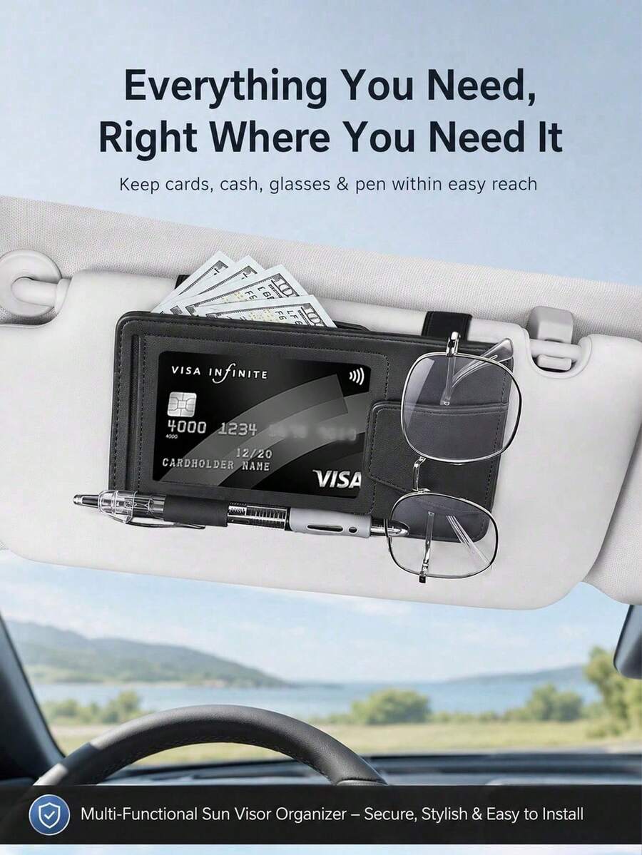 Car Sun Visor Magnetic Eyeglasses & Card Holder – Multi-Compartment Organizer For Fashion Glasses, ID Cards & Pens