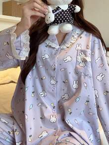 Gongdie 2 Pieces Miffy Women's Pajama Set,Fall Purple Soft Cotton Loungewear With Lace Trim And Pocket - Mauve Purple - View 5