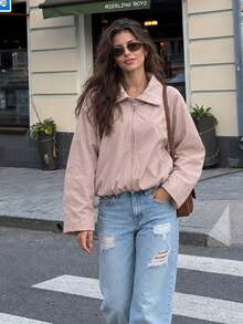 MUMRAP Women's Stand Collar Zipper Long Sleeve Loose Short Windbreaker Jacket, Casual Solid Color Lightweight Outerwear - Baby Pink - View 3
