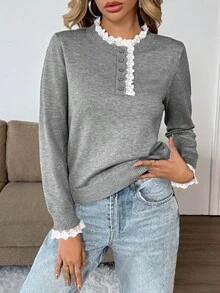 Atasan Rajut Wanita dengan Patchwork Renda untuk Musim Gugur/Dingin - Grey - View 6