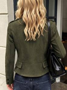 Women's Button-Front Short Jacket, Army Green Stand Collar Vintage Style, French Chic - Army Green - View 3