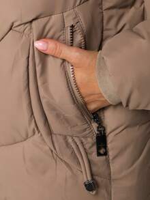 Women's Quilted Hooded Jacket With Zip Pockets, Ribbed Cuffs And Regular Fit - Khaki - View 5