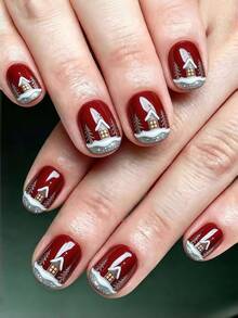 24pcs Short European Square False Nails, Christmas Red Base With Silver Glitter Christmas Tree And Snow Scene Press-On Nails, Full Coverage And Removable, Perfect For Parties, Proms, And Everyday Wear. - Multicolor - View 9