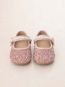 1 Pair 2026 New Girls Shoes With Rhinestone & Pearl Pendant Decoration Glitter Material Round Toe Strap Hook-And-Loop Flat Sole Fairy Princess Style Low Vamp Shoes Flower Girl Wedding Weekend Party - Pink - View 2