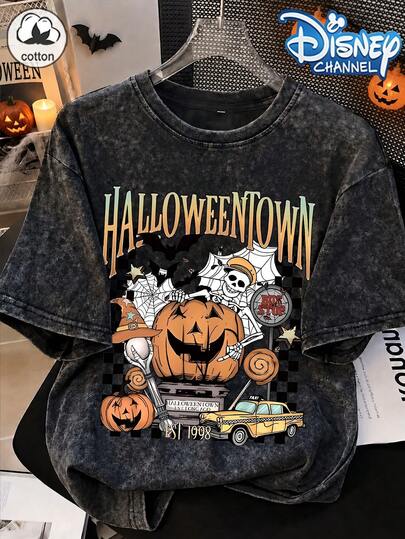 Start Women's Disney "Halloween Town" Pumpkin Skull Pattern Street Casual Sports Black Washed Loose Large T-Shirt, Fashionable Retro Large T-Shirt Top